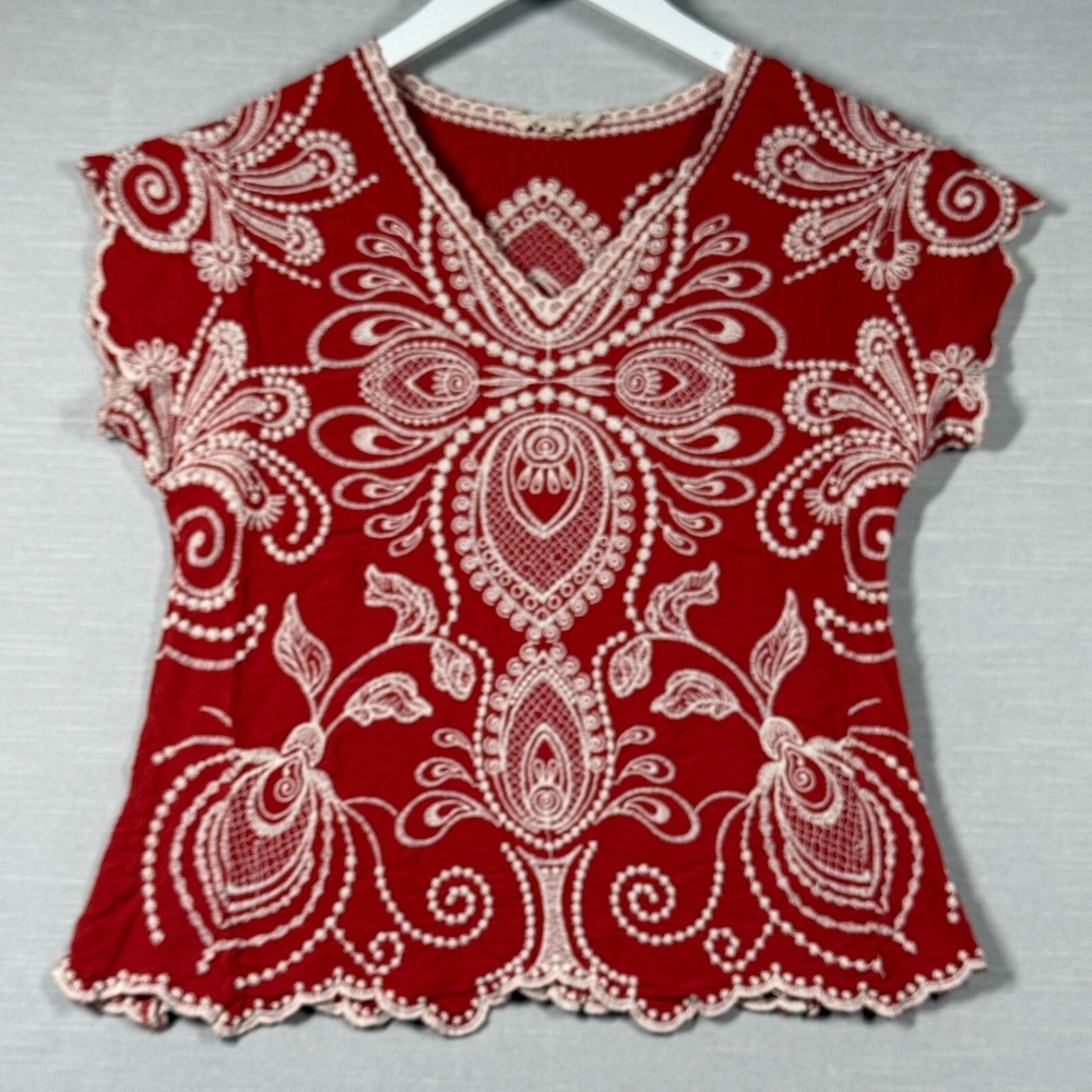 Solitaire Top Womens M Red Lace Boho Romantic Cottage Core Paisley Peasant‎